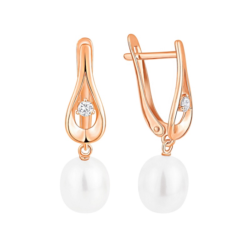 Ювелирное изделие - Серьги из красного золота с жемчугом и фианитами в магазине Best-Gold 152947