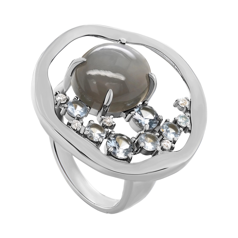 Кольцо из серебра с лунным камнем и фианитами