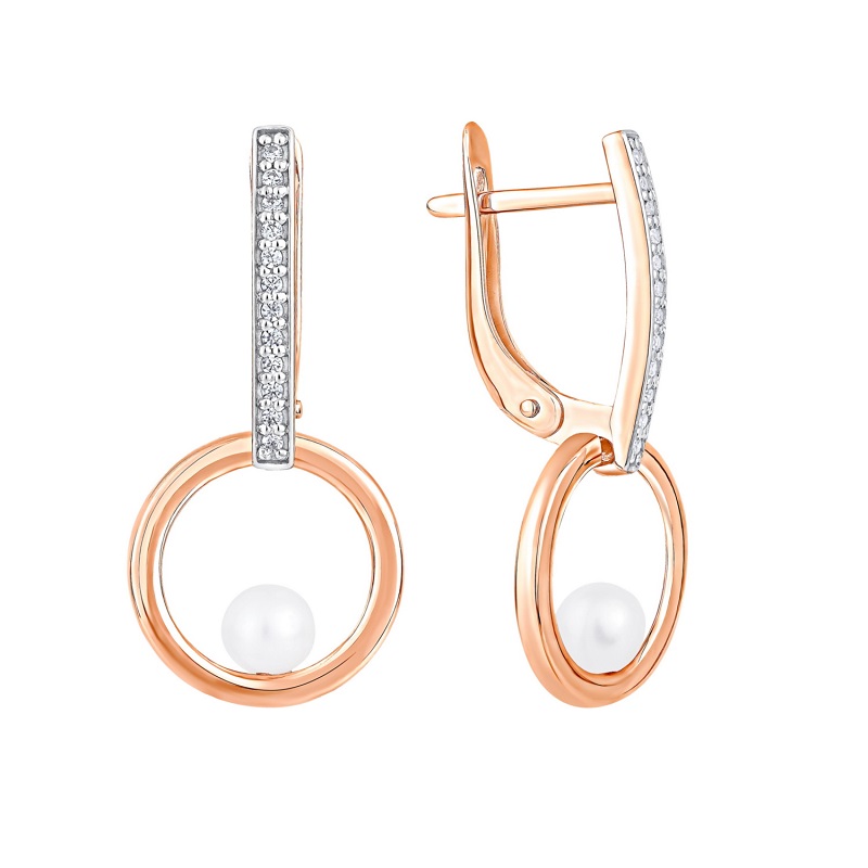 Серьги из красного золота с жемчугом и фианитами Ювелирное изделие - Серьги из красного золота с жемчугом и фианитами в магазине Best-Gold 152940