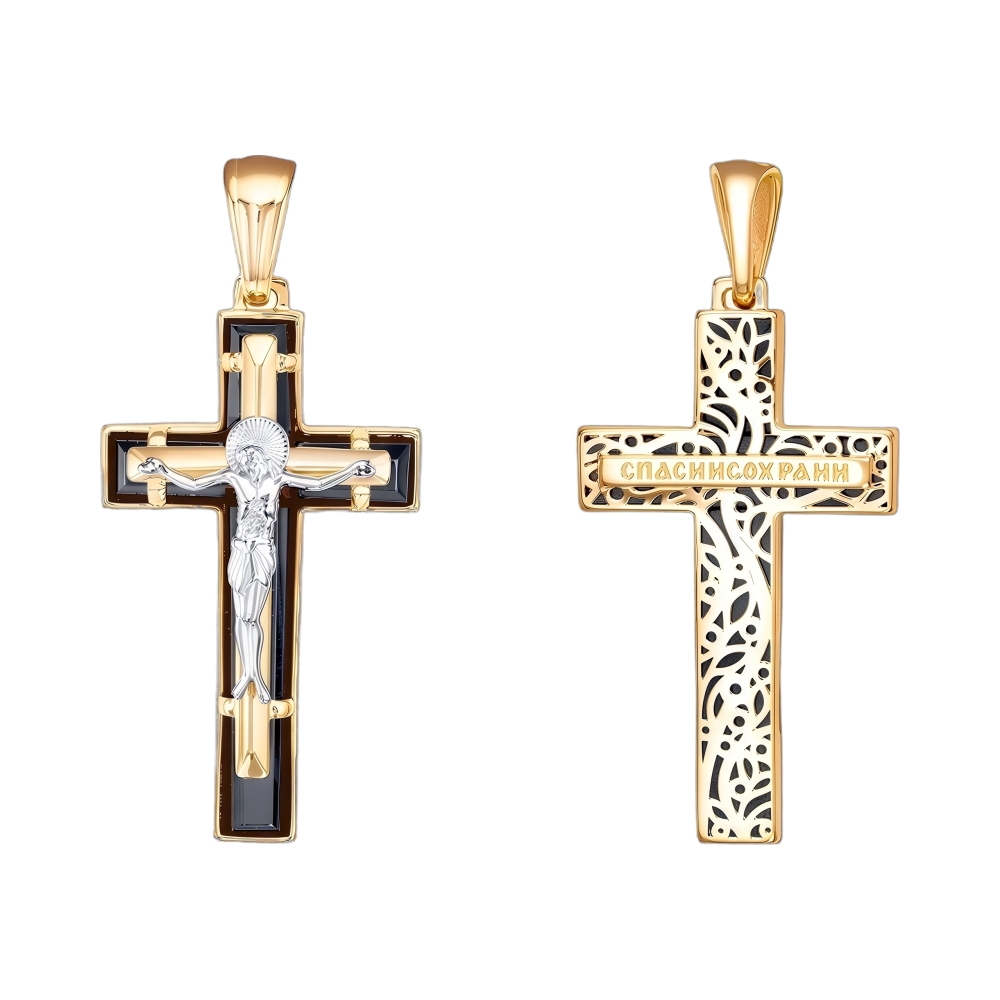 Ювелирное изделие - Крест из желтого золота с ониксом в магазине Best-Gold 130981
