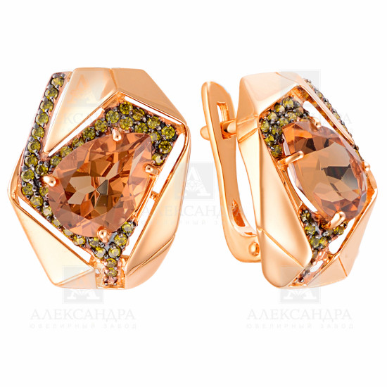 Серьги из красного золота с цитринами и фианитами Ювелирное изделие - Серьги из красного золота с цитринами и фианитами в магазине Best-Gold 034578
