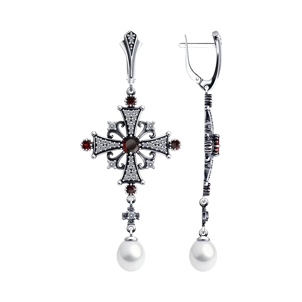 Ювелирное изделие - Серьги из серебра с гранатом,жемчугом и фианитами в магазине Best-Gold 152609