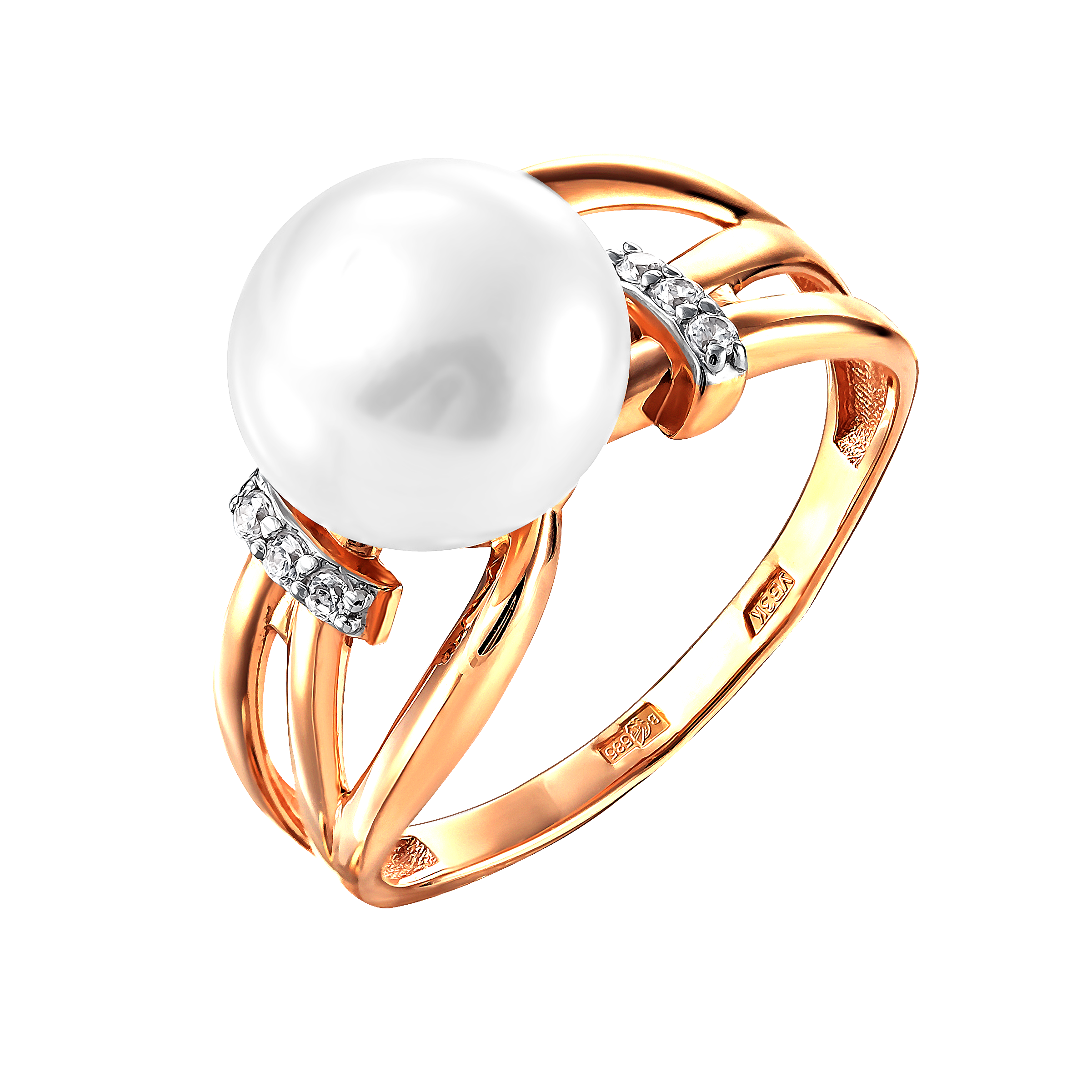 Кольцо из красного золота с жемчугом и фианитами Ювелирное изделие - Кольцо из красного золота с жемчугом и фианитами в магазине Best-Gold 061562
