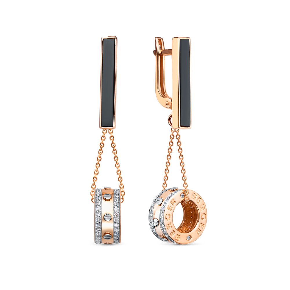 Ювелирное изделие - Серьги из красного золота с ониксом и фианитами в магазине Best-Gold 122712