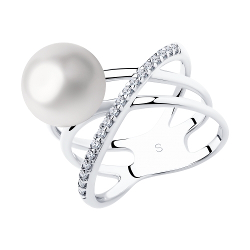 Ювелирное изделие - Кольцо из серебра с жемчугом синтетическим и фианитами в магазине Best-Gold 011159