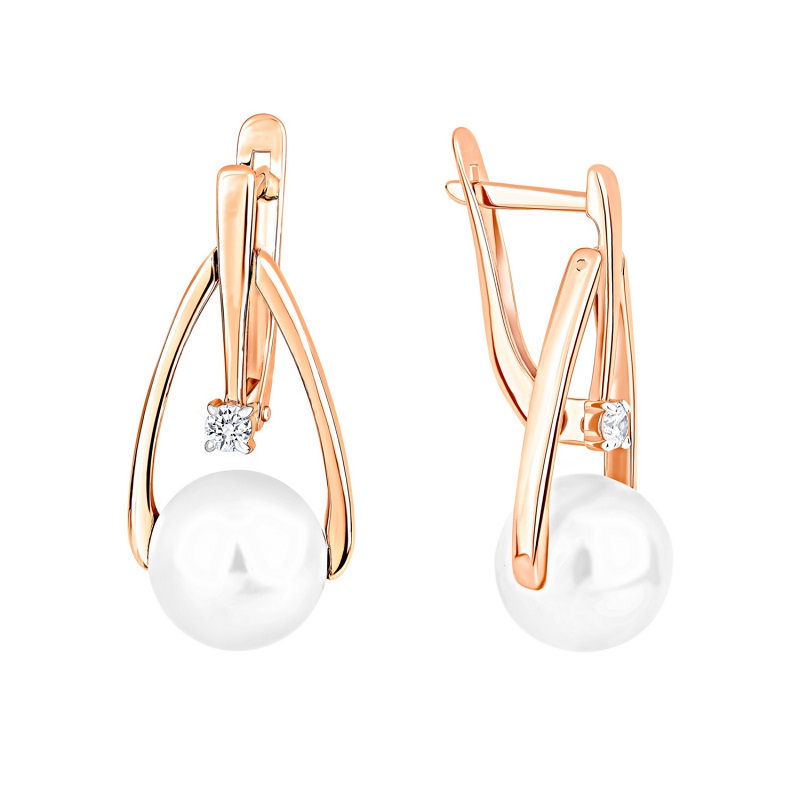 Ювелирное изделие - Серьги из красного золота с жемчугом и фианитами в магазине Best-Gold 152961