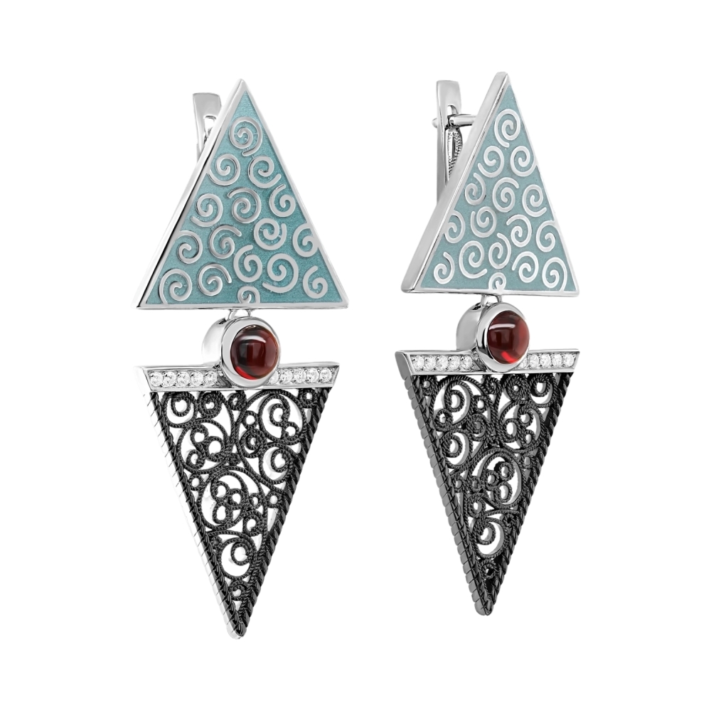 Серьги из серебра с гранатом и фианитами Ювелирное изделие - Серьги из серебра с гранатом и фианитами в магазине Best-Gold 127218