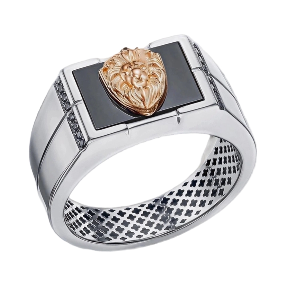 Кольцо из белого золота с ониксом и фианитами