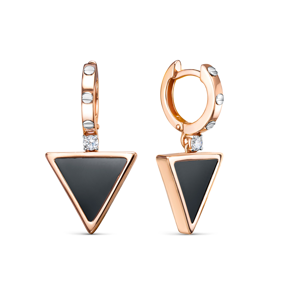 Ювелирное изделие - Серьги из красного золота с ониксом и фианитами в магазине Best-Gold 122693