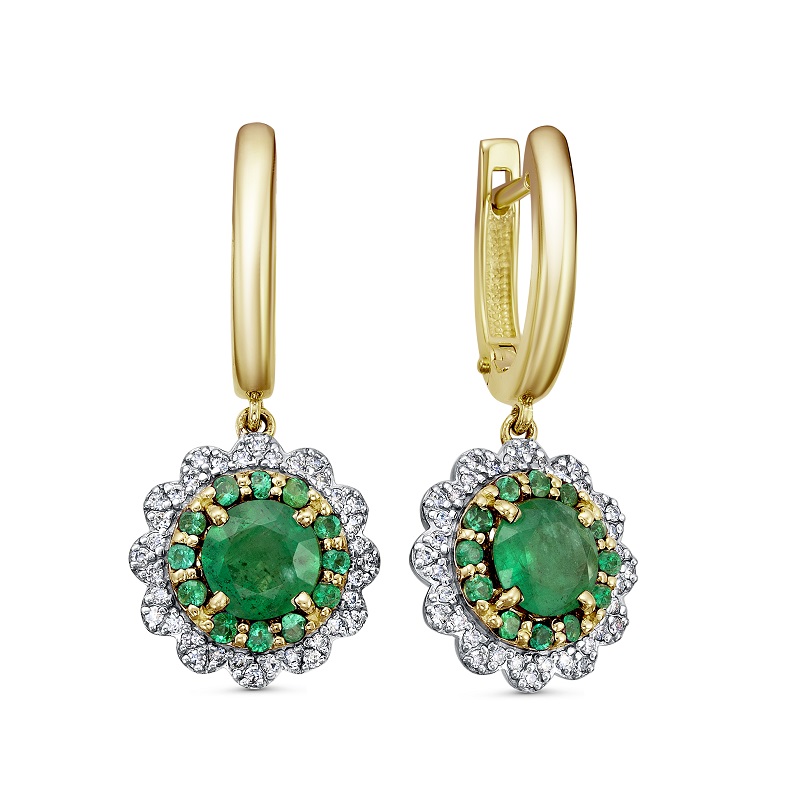 Ювелирное изделие - Серьги из желтого золота с изумрудами и бриллиантами в магазине Best-Gold 142148