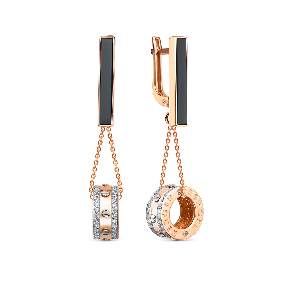 Серьги из красного золота с ониксом и фианитами Ювелирное изделие - Серьги из красного золота с ониксом и фианитами в магазине Best-Gold 122712