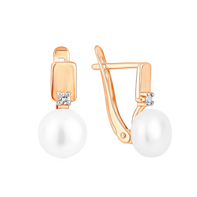 Ювелирное изделие - Серьги из красного золота с жемчугом и фианитами в магазине Best-Gold 152945