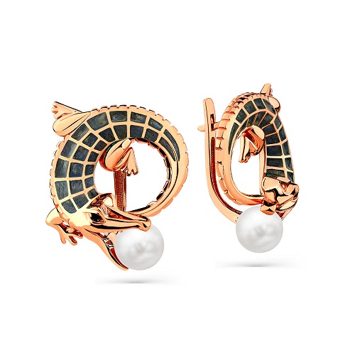 Ювелирное изделие - Серьги из красного золота с жемчугом, эмалью и фианитами в магазине Best-Gold 033638
