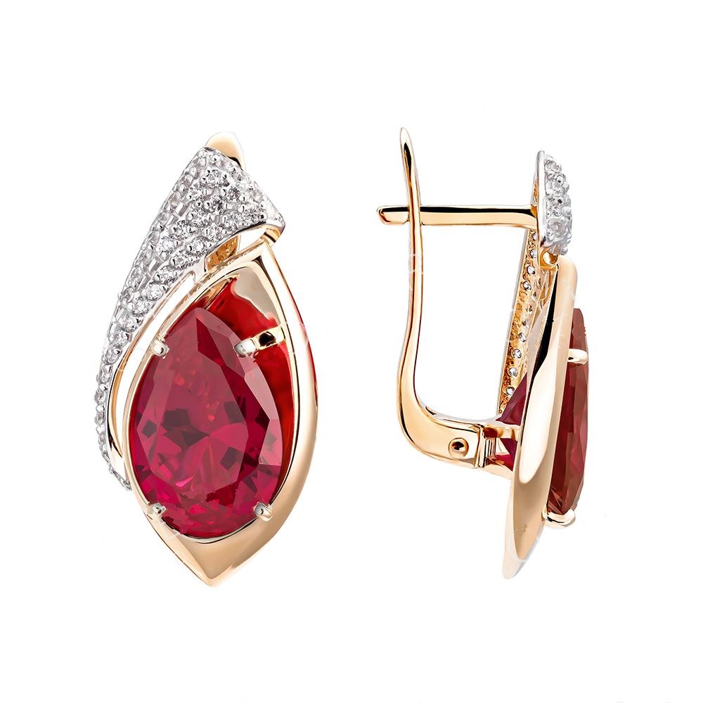 Серьги из красного золота с рубином синт. и фианитами Ювелирное изделие - Серьги из красного золота с рубином синт. и фианитами в магазине Best-Gold 144530