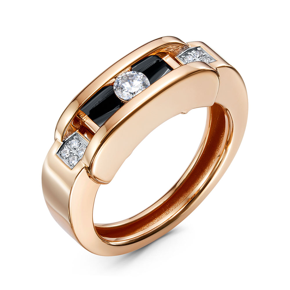 Кольцо из красного золота с бриллианитом, ониксом и фианитами