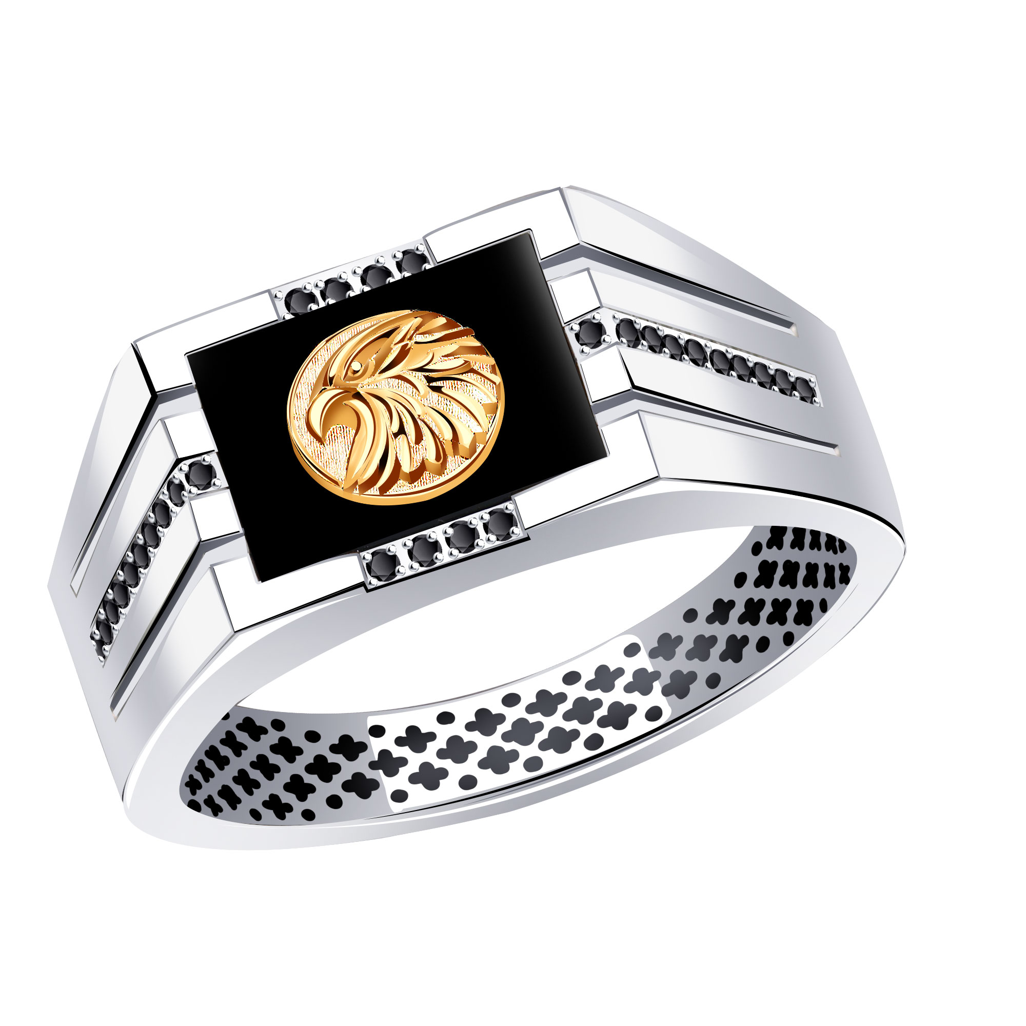 Кольцо из белого золота с ониксом и фианитами