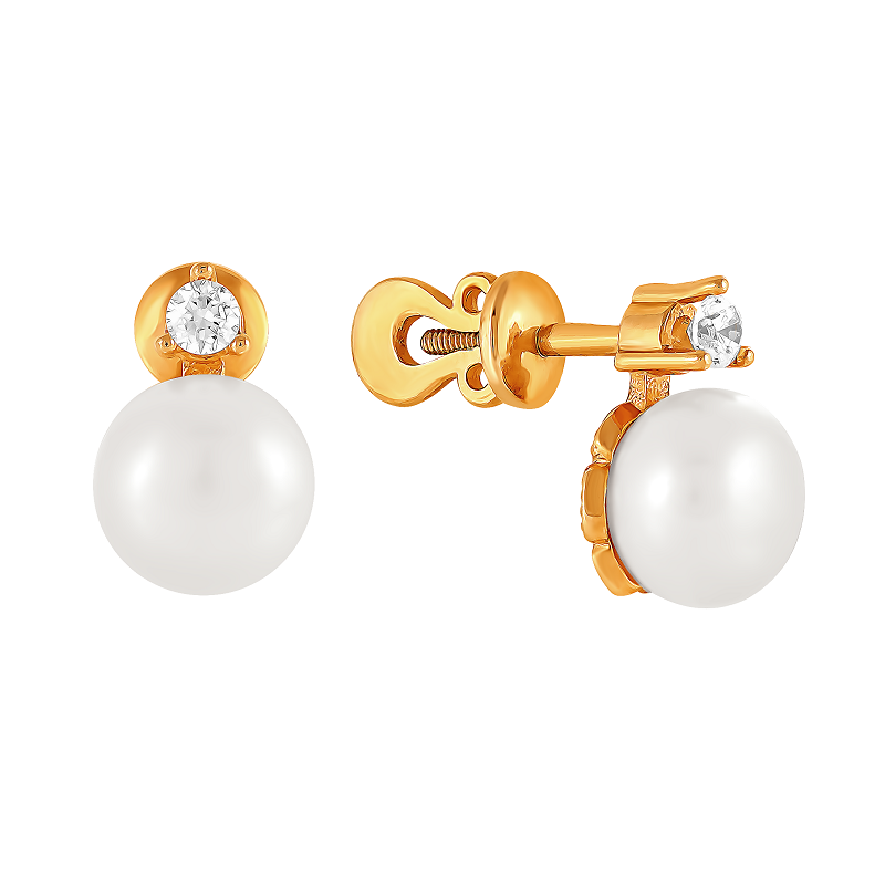 Ювелирное изделие - Серьги из красного золота с жемчугом и фианитами в магазине Best-Gold 030475