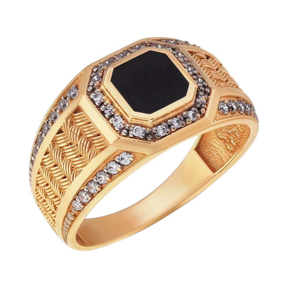 Мужская печатка из красного золота с агатом и фианитами Ювелирное изделие - Мужская печатка из красного золота с агатом и фианитами в магазине Best-Gold 141794