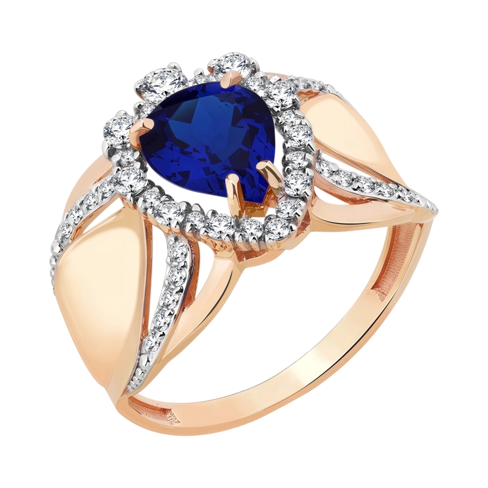 Ювелирное изделие - Кольцо из красного золота с сапфиром синт. и фианитами в магазине Best-Gold 151662