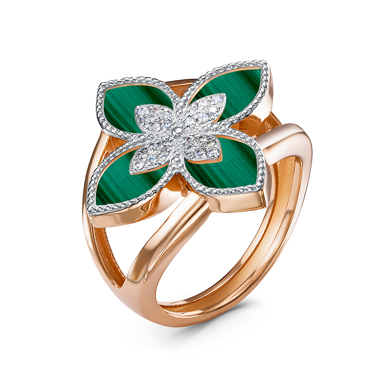 Ювелирное изделие - Кольцо из красного золота с малахитом и фианитами в магазине Best-Gold 052827