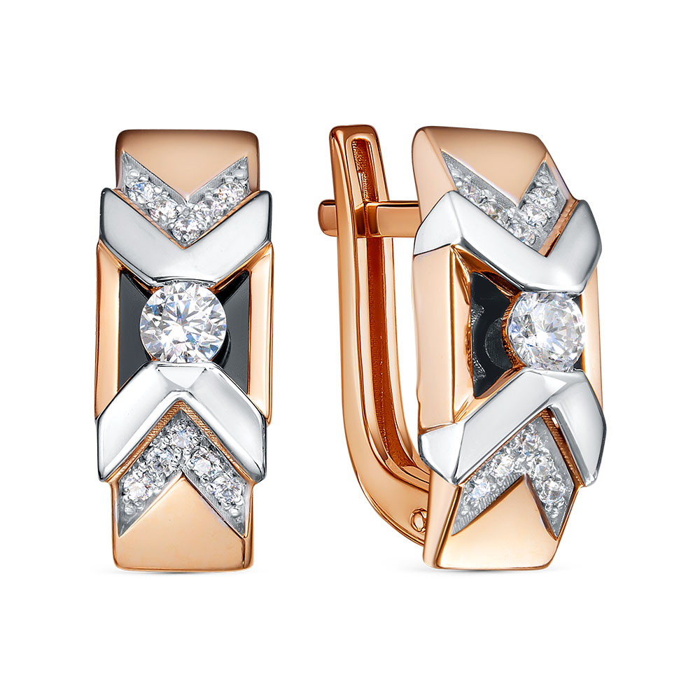 Серьги из красного золота с бриллианитами, ониксом и фианитами